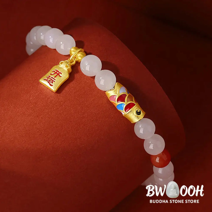 Buddha Stones 925 Sterling Silver Hetian White Jade Red Agate Koi Fish Luck Happiness Bracelet - BWOOOH - Hetian White