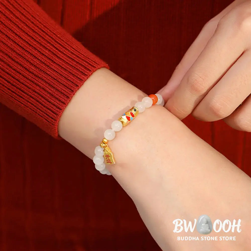 Buddha Stones 925 Sterling Silver Hetian White Jade Red Agate Koi Fish Luck Happiness Bracelet - BWOOOH - Hetian White