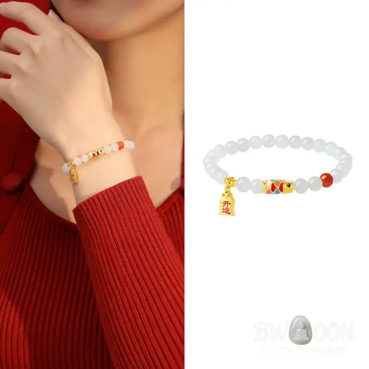 Buddha Stones 925 Sterling Silver Hetian White Jade Red Agate Koi Fish Luck Happiness Bracelet - BWOOOH - Hetian White