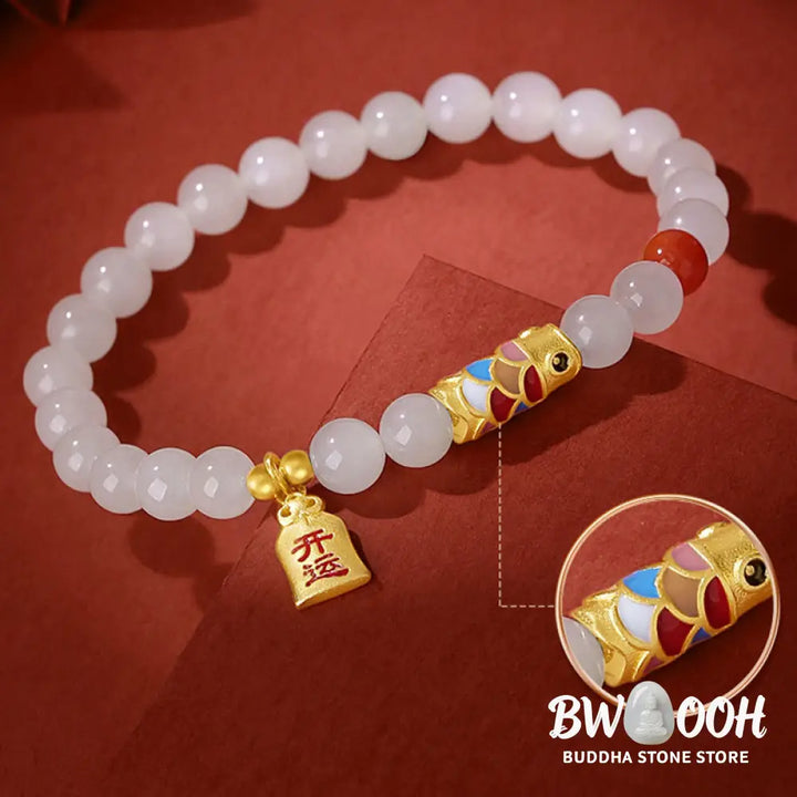 Buddha Stones 925 Sterling Silver Hetian White Jade Red Agate Koi Fish Luck Happiness Bracelet - BWOOOH - Hetian White