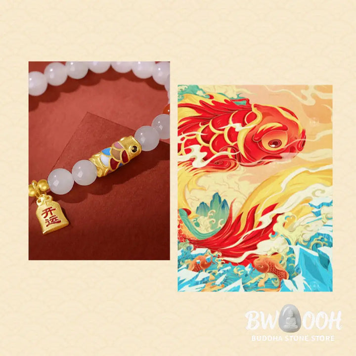 Buddha Stones 925 Sterling Silver Hetian White Jade Red Agate Koi Fish Luck Happiness Bracelet - BWOOOH - Hetian White