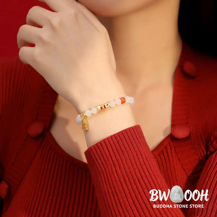 Buddha Stones 925 Sterling Silver Hetian White Jade Red Agate Koi Fish Luck Happiness Bracelet - BWOOOH - Hetian White