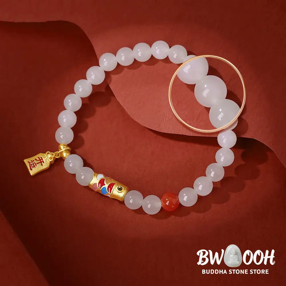 Buddha Stones 925 Sterling Silver Hetian White Jade Red Agate Koi Fish Luck Happiness Bracelet - BWOOOH - Hetian White