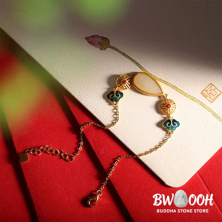 Buddha Stones 925 Sterling Silver Hetian White Jade Water Drop Chain Necklace Pendant Bracelet - BWOOOH - Bracelet