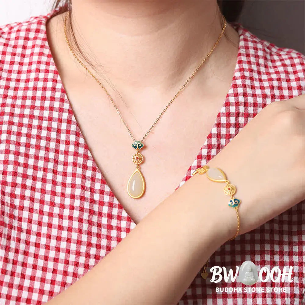 Buddha Stones 925 Sterling Silver Hetian White Jade Water Drop Chain Necklace Pendant Bracelet - BWOOOH - Bracelet