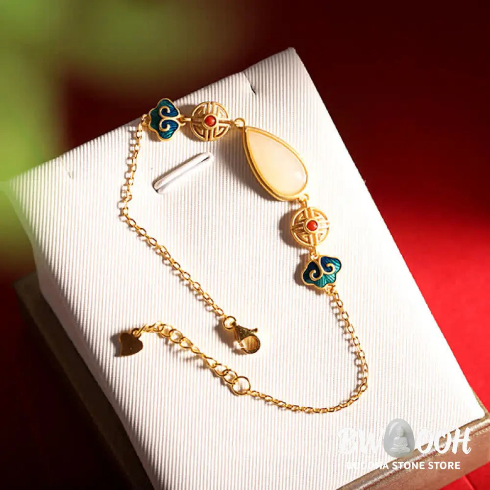 Buddha Stones 925 Sterling Silver Hetian White Jade Water Drop Chain Necklace Pendant Bracelet - BWOOOH - Bracelet
