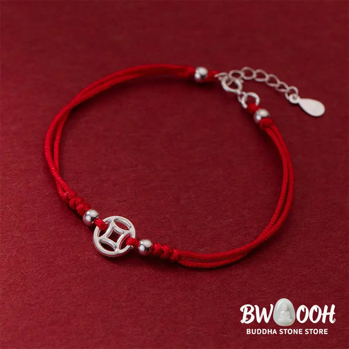 Buddha Stones 925 Sterling Silver Hollow Copper Coin Luck String Bracelet - 925 Sterling Silver(Wrist Circumference:
