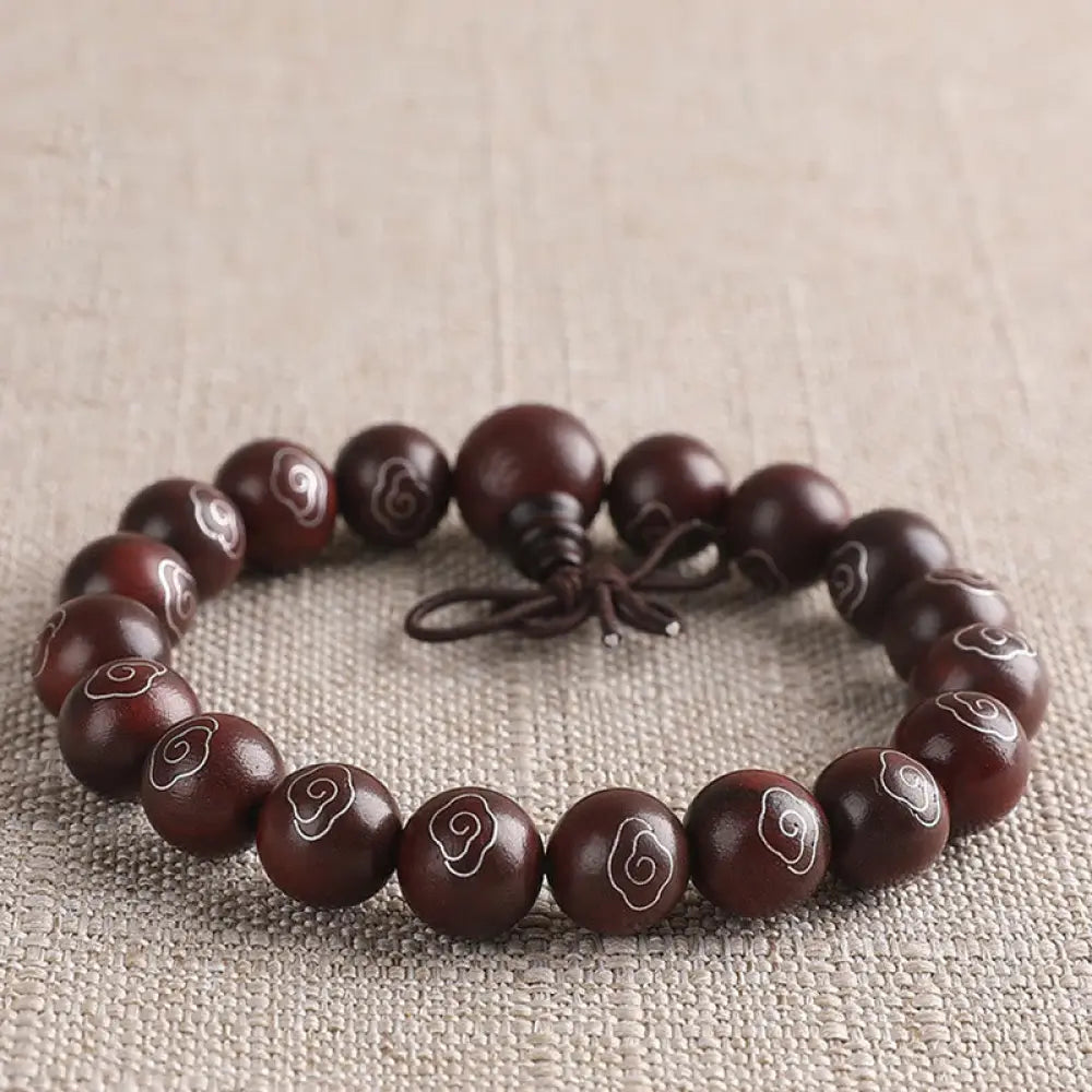 BWOOOH 925 Sterling Silver Inlaid Small Leaf Red Sandalwood Om Mani Padme Hum Auspicious Clouds Protection Bracelet. Features intricate silver inlay on rich red sandalwood beads, ideal for spiritual protection and mindful presence. - View 6