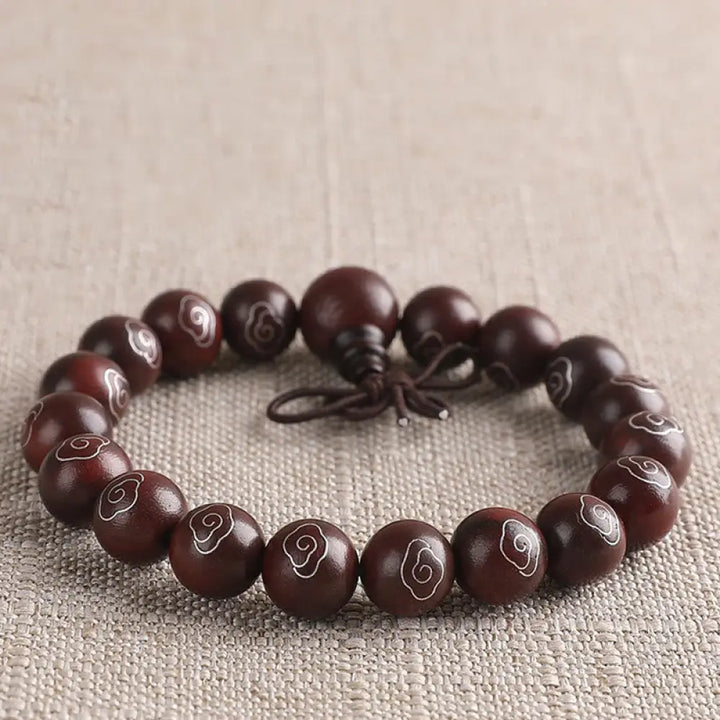BWOOOH 925 Sterling Silver Inlaid Small Leaf Red Sandalwood Om Mani Padme Hum Auspicious Clouds Protection Bracelet. Features intricate silver inlay on rich red sandalwood beads, ideal for spiritual protection and mindful presence. - View 6