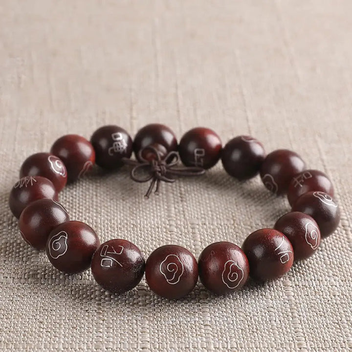 BWOOOH 925 Sterling Silver Inlaid Small Leaf Red Sandalwood Om Mani Padme Hum Auspicious Clouds Protection Bracelet. Features intricate silver inlay on rich red sandalwood beads, ideal for spiritual protection and mindful presence. - View 8
