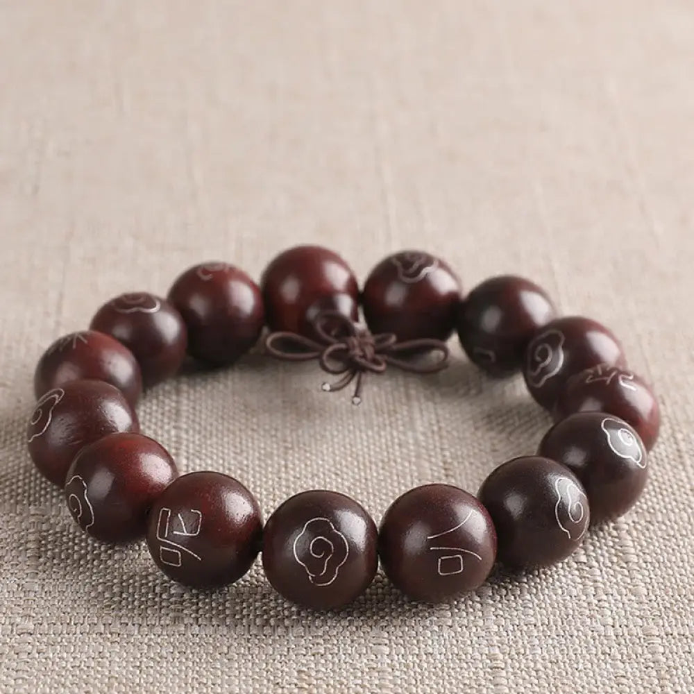 BWOOOH 925 Sterling Silver Inlaid Small Leaf Red Sandalwood Om Mani Padme Hum Auspicious Clouds Protection Bracelet. Features intricate silver inlay on rich red sandalwood beads, ideal for spiritual protection and mindful presence. - View 9