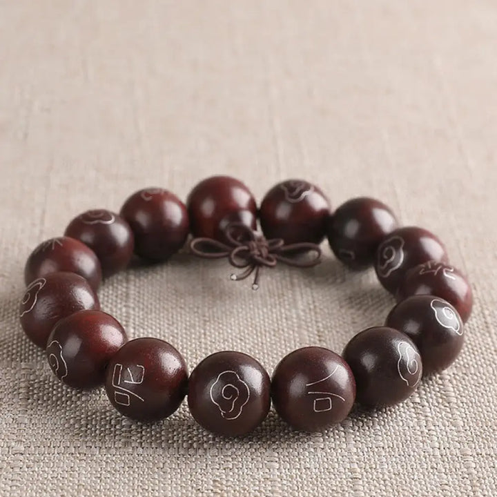 BWOOOH 925 Sterling Silver Inlaid Small Leaf Red Sandalwood Om Mani Padme Hum Auspicious Clouds Protection Bracelet. Features intricate silver inlay on rich red sandalwood beads, ideal for spiritual protection and mindful presence. - View 9