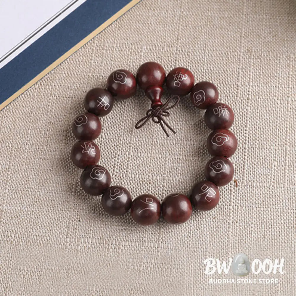 BWOOOH 925 Sterling Silver Inlaid Small Leaf Red Sandalwood Om Mani Padme Hum Auspicious Clouds Protection Bracelet. Features intricate silver inlay on rich red sandalwood beads, ideal for spiritual protection and mindful presence. - View 14