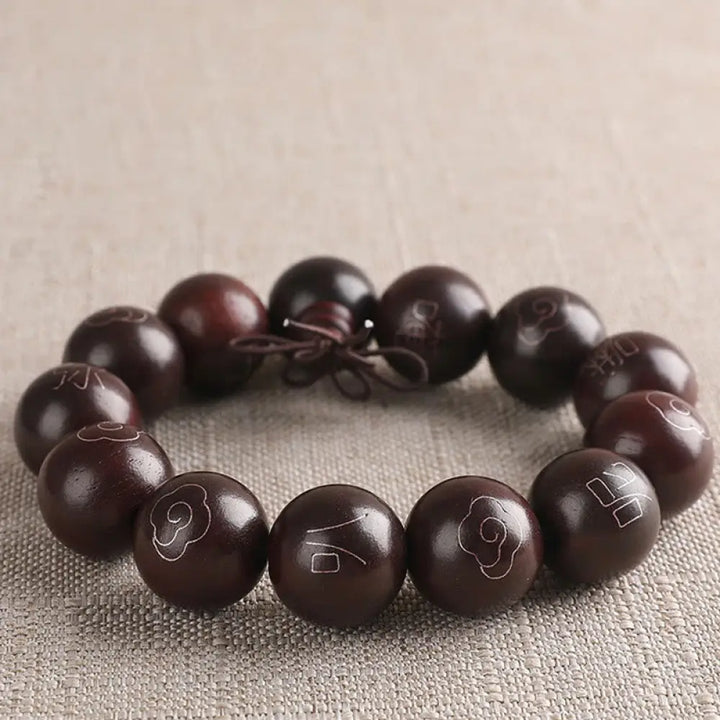 BWOOOH 925 Sterling Silver Inlaid Small Leaf Red Sandalwood Om Mani Padme Hum Auspicious Clouds Protection Bracelet. Features intricate silver inlay on rich red sandalwood beads, ideal for spiritual protection and mindful presence. - View 10