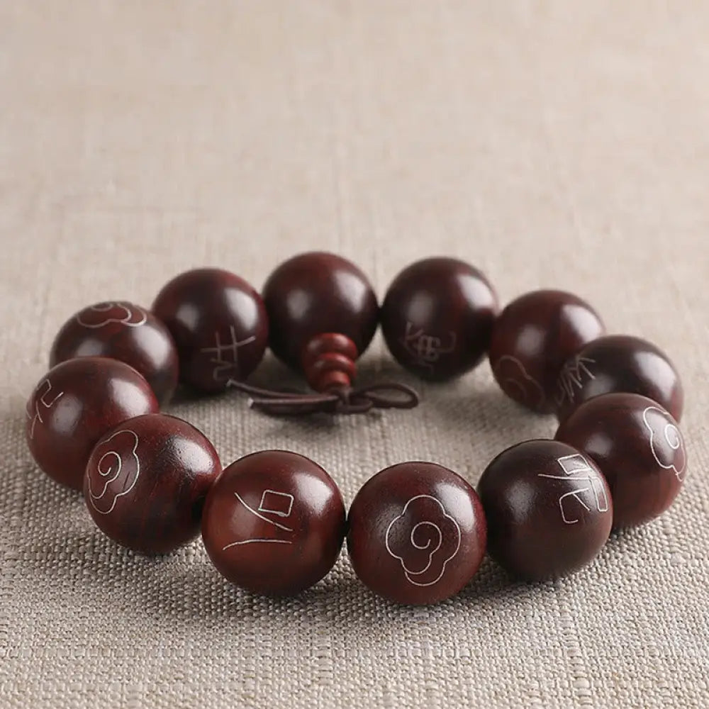 BWOOOH 925 Sterling Silver Inlaid Small Leaf Red Sandalwood Om Mani Padme Hum Auspicious Clouds Protection Bracelet. Features intricate silver inlay on rich red sandalwood beads, ideal for spiritual protection and mindful presence. - View 15