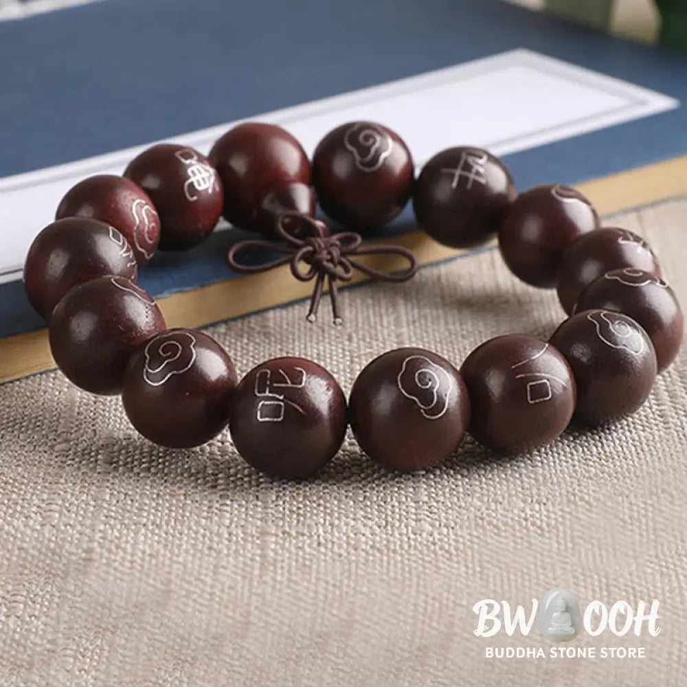 BWOOOH 925 Sterling Silver Inlaid Small Leaf Red Sandalwood Om Mani Padme Hum Auspicious Clouds Protection Bracelet. Features intricate silver inlay on rich red sandalwood beads, ideal for spiritual protection and mindful presence. - View 12