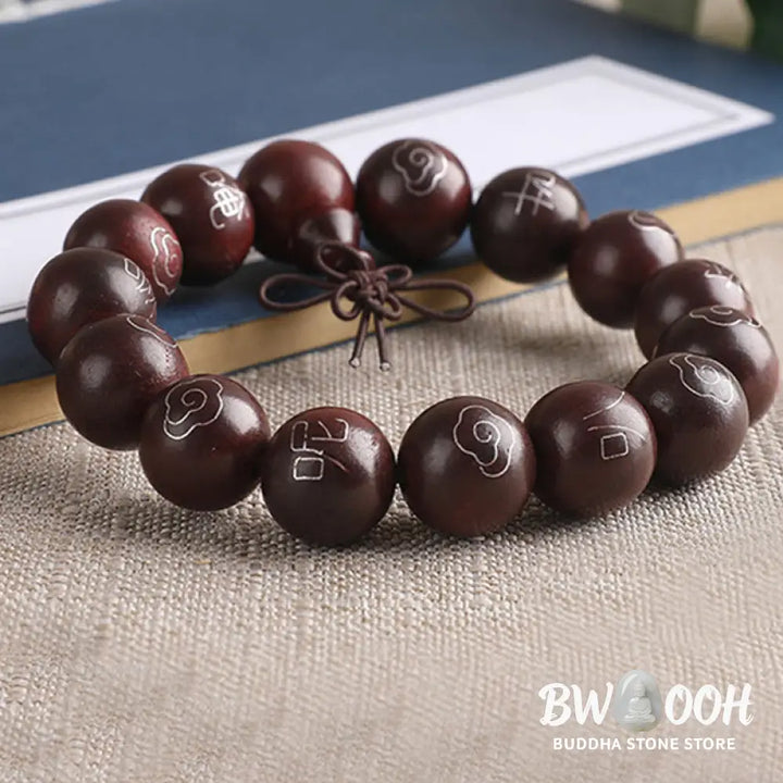 BWOOOH 925 Sterling Silver Inlaid Small Leaf Red Sandalwood Om Mani Padme Hum Auspicious Clouds Protection Bracelet. Features intricate silver inlay on rich red sandalwood beads, ideal for spiritual protection and mindful presence. - View 12