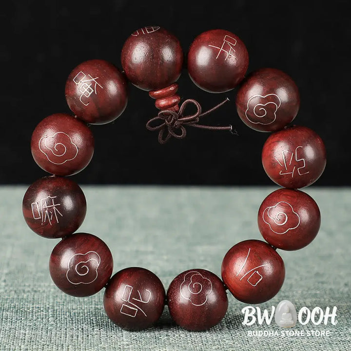 BWOOOH 925 Sterling Silver Inlaid Small Leaf Red Sandalwood Om Mani Padme Hum Auspicious Clouds Protection Bracelet. Features intricate silver inlay on rich red sandalwood beads, ideal for spiritual protection and mindful presence. - View 17