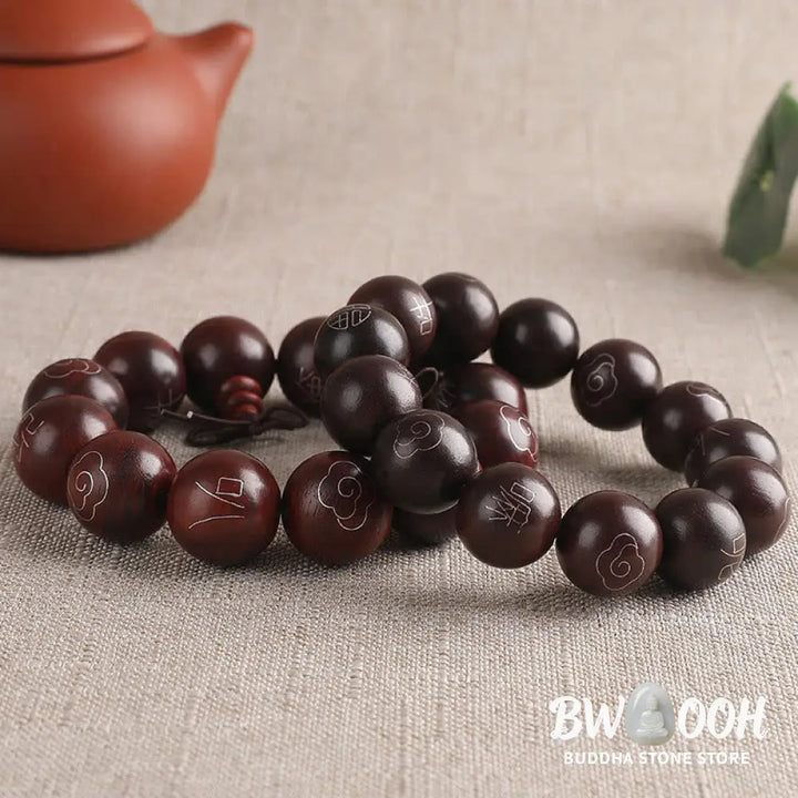 BWOOOH 925 Sterling Silver Inlaid Small Leaf Red Sandalwood Om Mani Padme Hum Auspicious Clouds Protection Bracelet. Features intricate silver inlay on rich red sandalwood beads, ideal for spiritual protection and mindful presence. - View 18