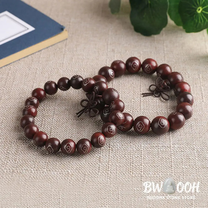 BWOOOH 925 Sterling Silver Inlaid Small Leaf Red Sandalwood Om Mani Padme Hum Auspicious Clouds Protection Bracelet. Features intricate silver inlay on rich red sandalwood beads, ideal for spiritual protection and mindful presence. - View 7