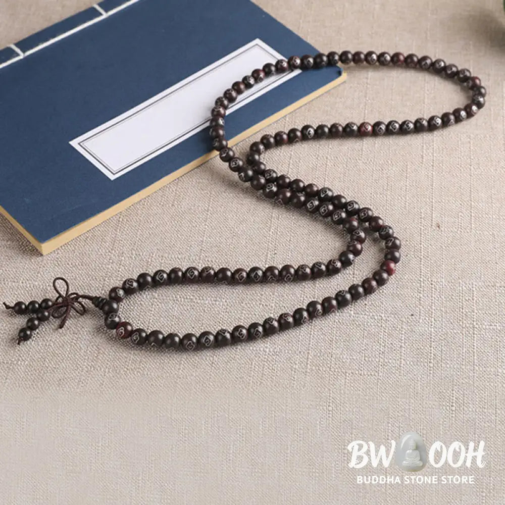 BWOOOH 925 Sterling Silver Inlaid Small Leaf Red Sandalwood Om Mani Padme Hum Auspicious Clouds Protection Bracelet. Features intricate silver inlay on rich red sandalwood beads, ideal for spiritual protection and mindful presence. - View 4