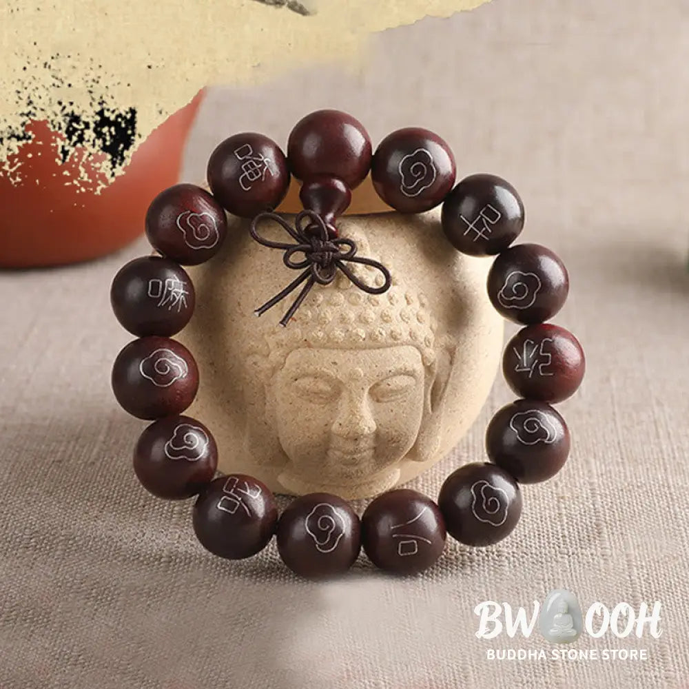 BWOOOH 925 Sterling Silver Inlaid Small Leaf Red Sandalwood Om Mani Padme Hum Auspicious Clouds Protection Bracelet. Features intricate silver inlay on rich red sandalwood beads, ideal for spiritual protection and mindful presence. - View 11