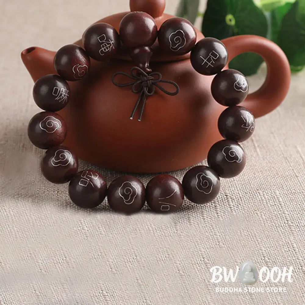 BWOOOH 925 Sterling Silver Inlaid Small Leaf Red Sandalwood Om Mani Padme Hum Auspicious Clouds Protection Bracelet. Features intricate silver inlay on rich red sandalwood beads, ideal for spiritual protection and mindful presence. - View 13