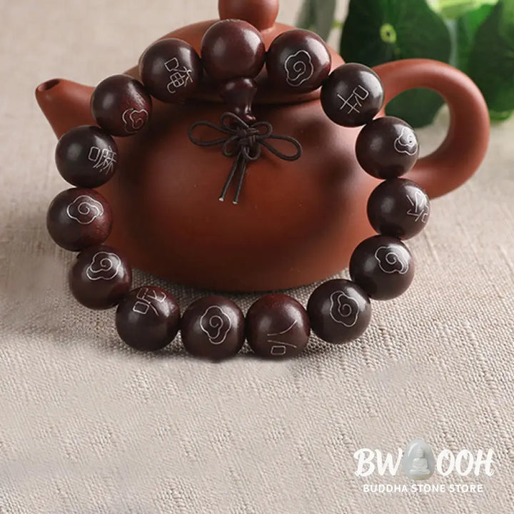 BWOOOH 925 Sterling Silver Inlaid Small Leaf Red Sandalwood Om Mani Padme Hum Auspicious Clouds Protection Bracelet. Features intricate silver inlay on rich red sandalwood beads, ideal for spiritual protection and mindful presence. - View 13