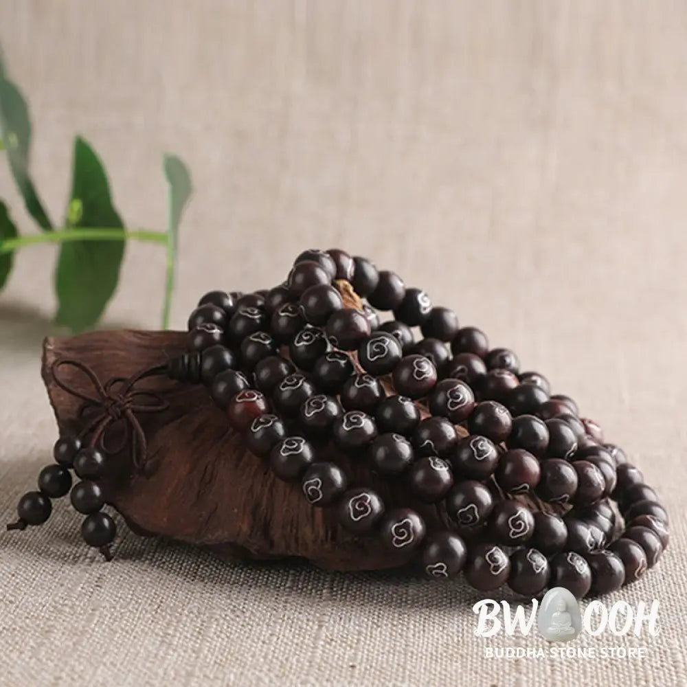 BWOOOH 925 Sterling Silver Inlaid Small Leaf Red Sandalwood Om Mani Padme Hum Auspicious Clouds Protection Bracelet. Features intricate silver inlay on rich red sandalwood beads, ideal for spiritual protection and mindful presence. - View 3