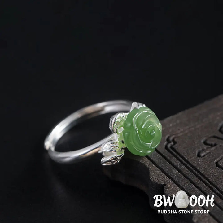 Buddha Stones 925 Sterling Silver Jade Green Rose Luck Adjustable Ring - Jade Rose(Circumference: 56-59mm) - Ring