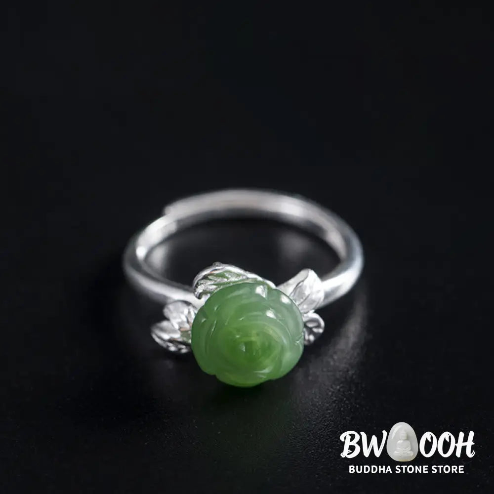 Buddha Stones 925 Sterling Silver Jade Green Rose Luck Adjustable Ring - Jade Rose(Circumference: 56-59mm) - Ring