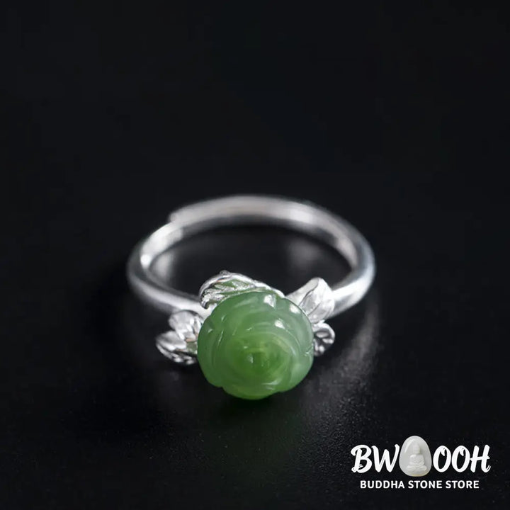 Buddha Stones 925 Sterling Silver Jade Green Rose Luck Adjustable Ring - Jade Rose(Circumference: 56-59mm) - Ring