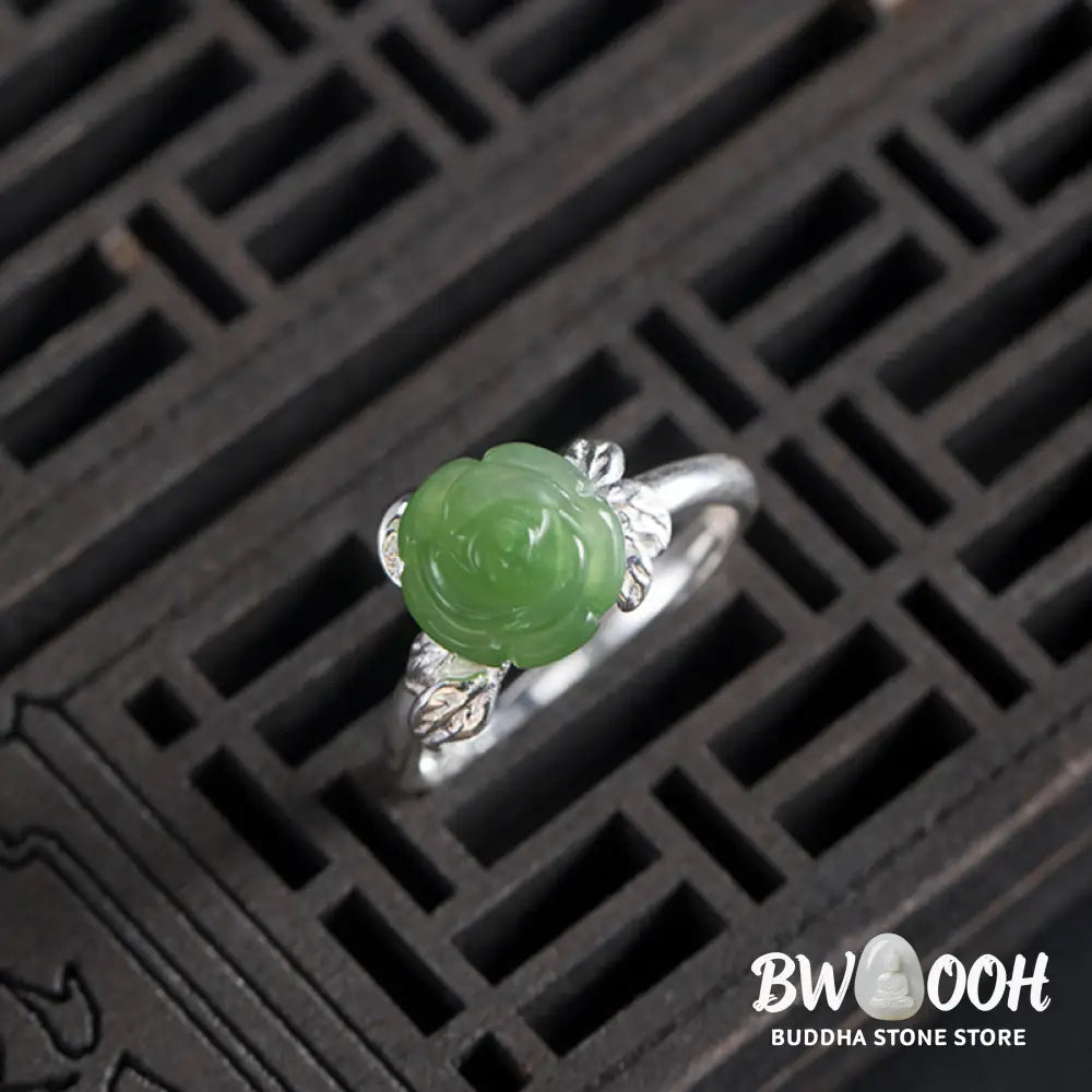 Buddha Stones 925 Sterling Silver Jade Green Rose Luck Adjustable Ring - Jade Rose(Circumference: 56-59mm) - Ring