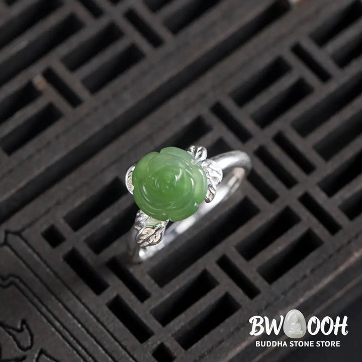 Buddha Stones 925 Sterling Silver Jade Green Rose Luck Adjustable Ring - Jade Rose(Circumference: 56-59mm) - Ring