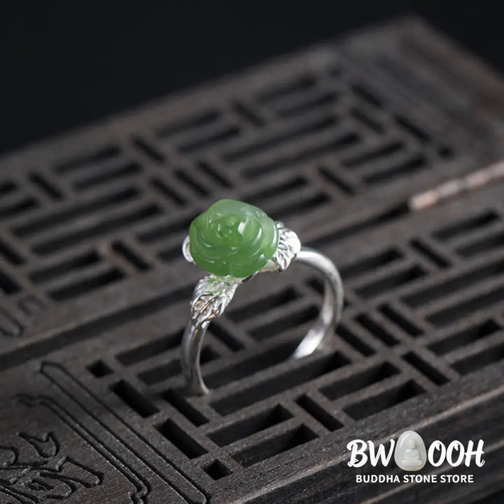 Buddha Stones 925 Sterling Silver Jade Green Rose Luck Adjustable Ring - Jade Rose(Circumference: 56-59mm) - Ring