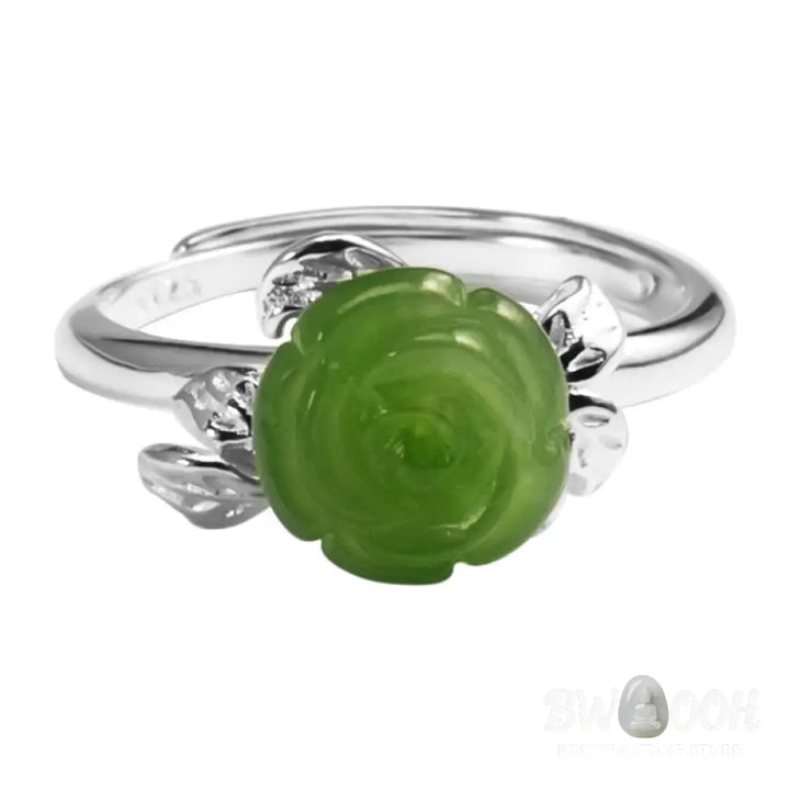 Buddha Stones 925 Sterling Silver Jade Green Rose Luck Adjustable Ring - Jade Rose(Circumference: 56-59mm) - Ring