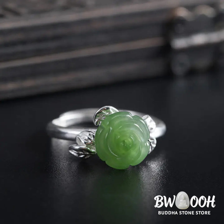 Buddha Stones 925 Sterling Silver Jade Green Rose Luck Adjustable Ring - Jade Rose(Circumference: 56-59mm) - Ring