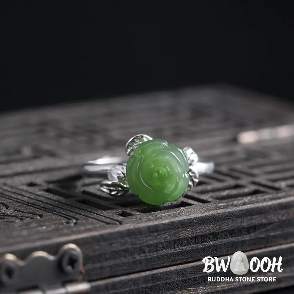 Buddha Stones 925 Sterling Silver Jade Green Rose Luck Adjustable Ring - Jade Rose(Circumference: 56-59mm) - Ring