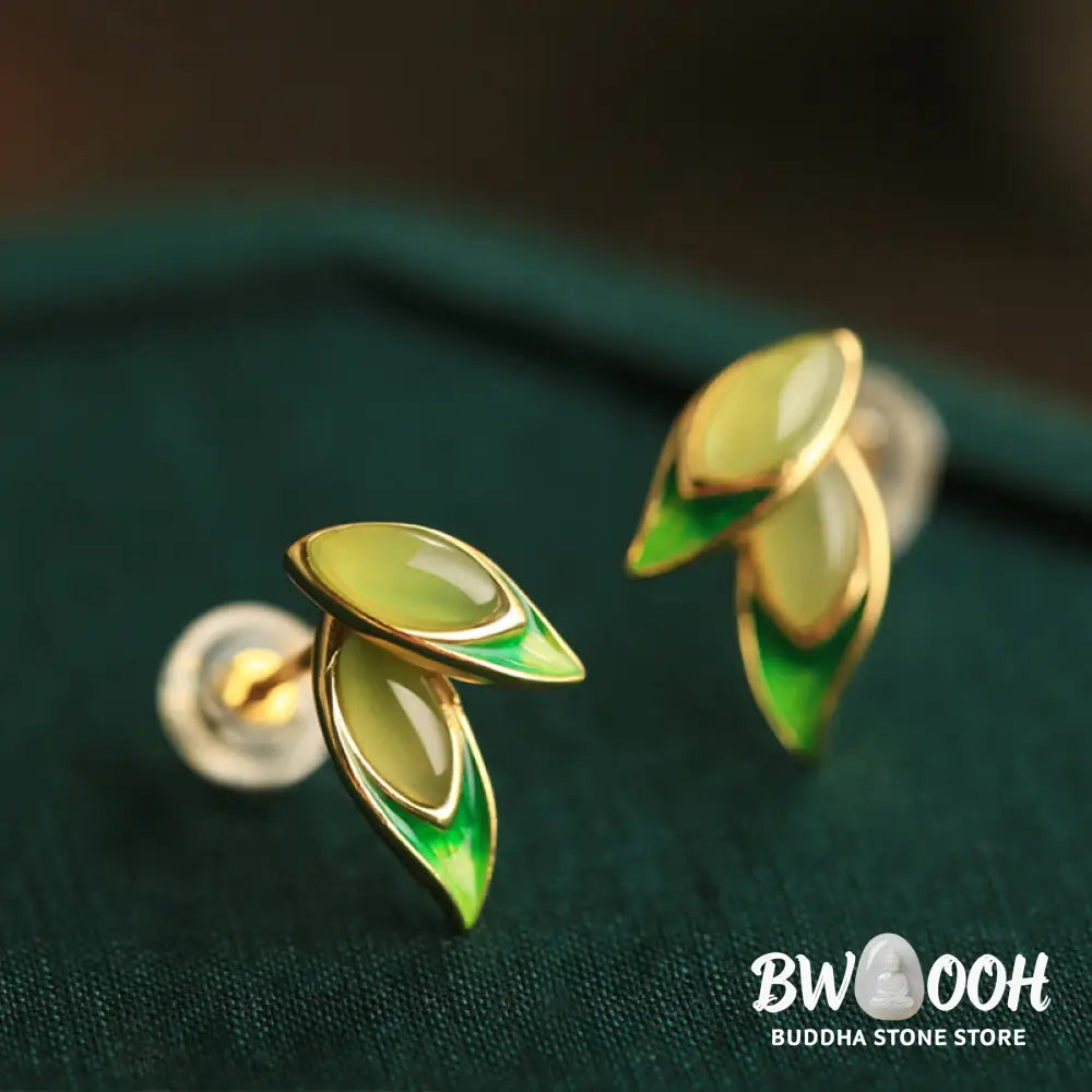 Buddha Stones 925 Sterling Silver Jade Leaf Prosperity Earrings - Hetian Jade(925 Sterling Silver Posts) - Earrings
