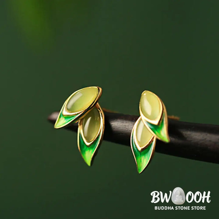 Buddha Stones 925 Sterling Silver Jade Leaf Prosperity Earrings - Hetian Jade(925 Sterling Silver Posts) - Earrings