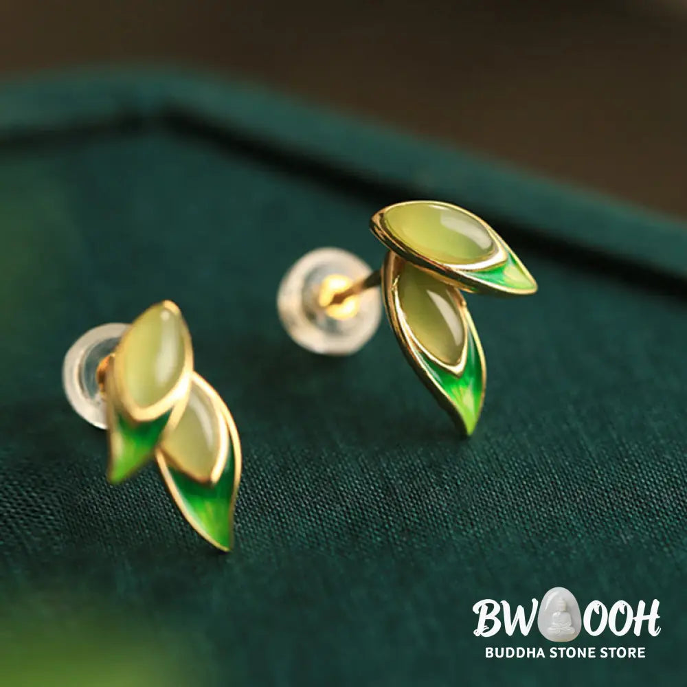 Buddha Stones 925 Sterling Silver Jade Leaf Prosperity Earrings - Hetian Jade(925 Sterling Silver Posts) - Earrings