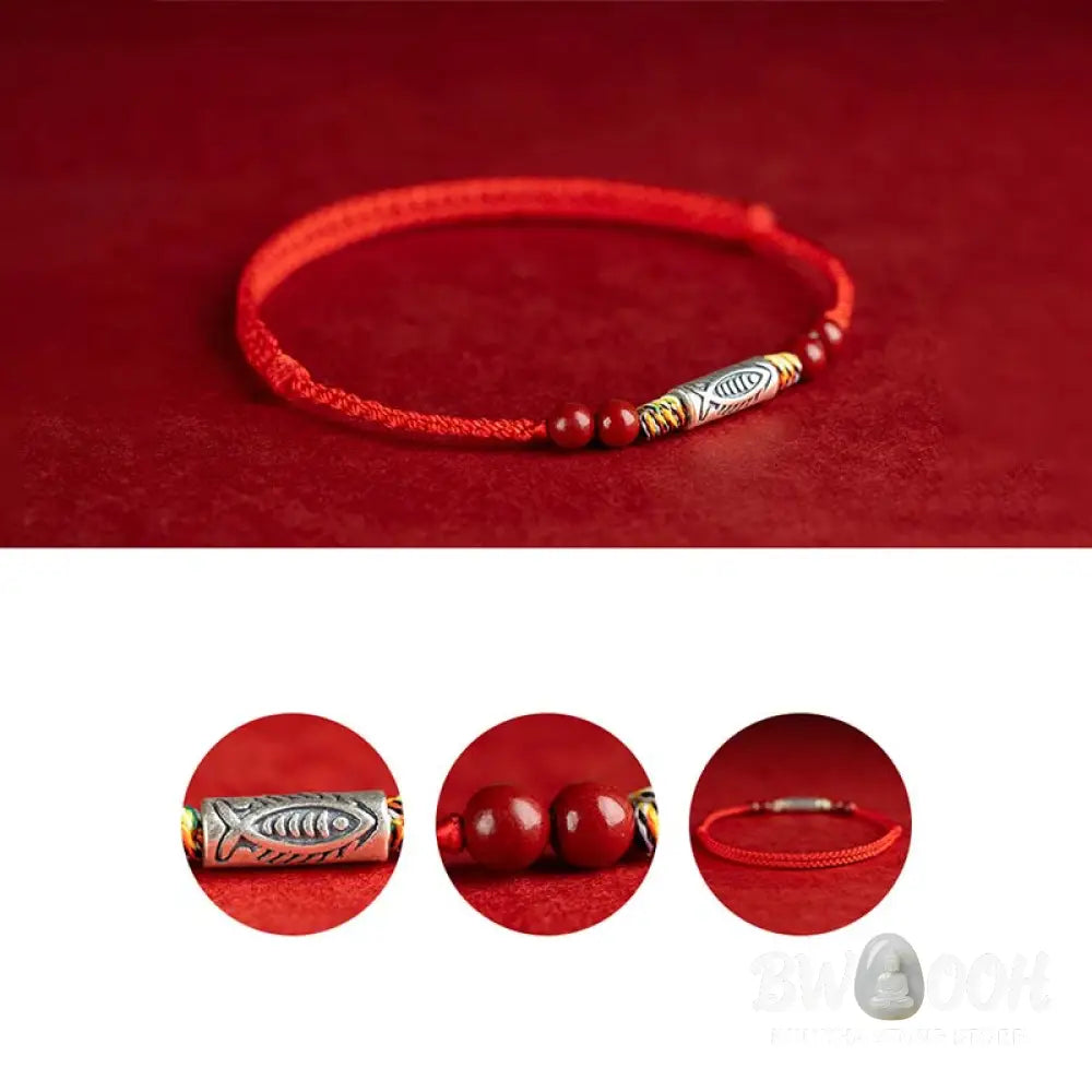 Buddha Stones 925 Sterling Silver Koi Fish Cinnabar Bead Wealth Handcrafted Braided Bracelet Anklet - Bracelet Anklet