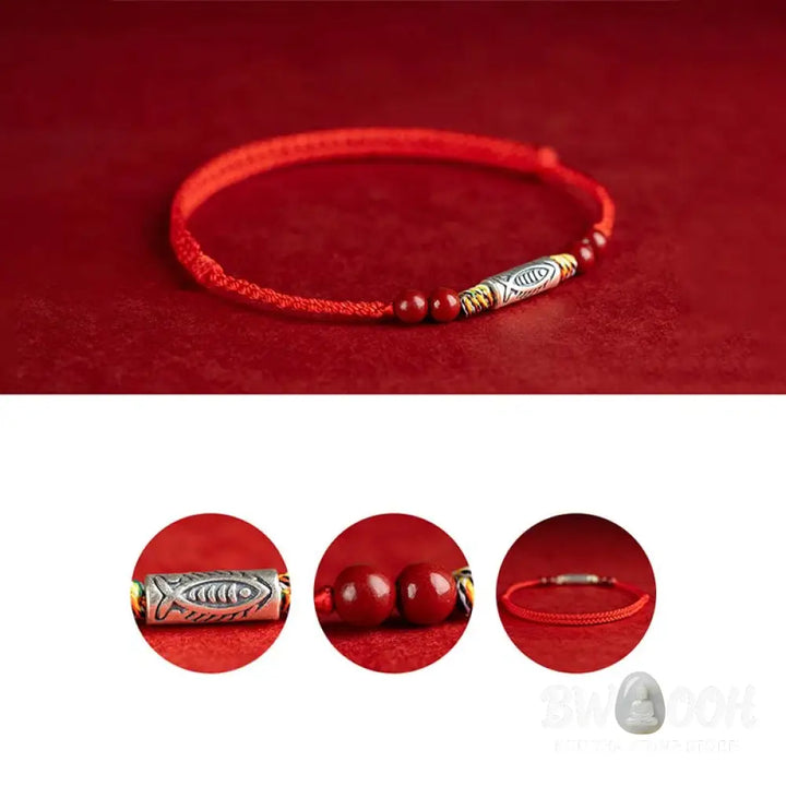Buddha Stones 925 Sterling Silver Koi Fish Cinnabar Bead Wealth Handcrafted Braided Bracelet Anklet - Bracelet Anklet