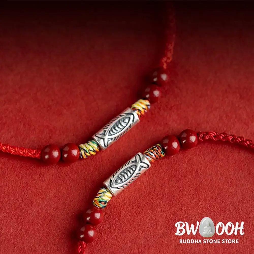 Buddha Stones 925 Sterling Silver Koi Fish Cinnabar Bead Wealth Handcrafted Braided Bracelet Anklet - Bracelet Anklet