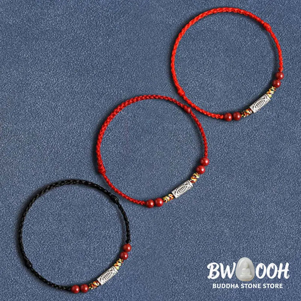 Buddha Stones 925 Sterling Silver Koi Fish Cinnabar Bead Wealth Handcrafted Braided Bracelet Anklet - Bracelet Anklet