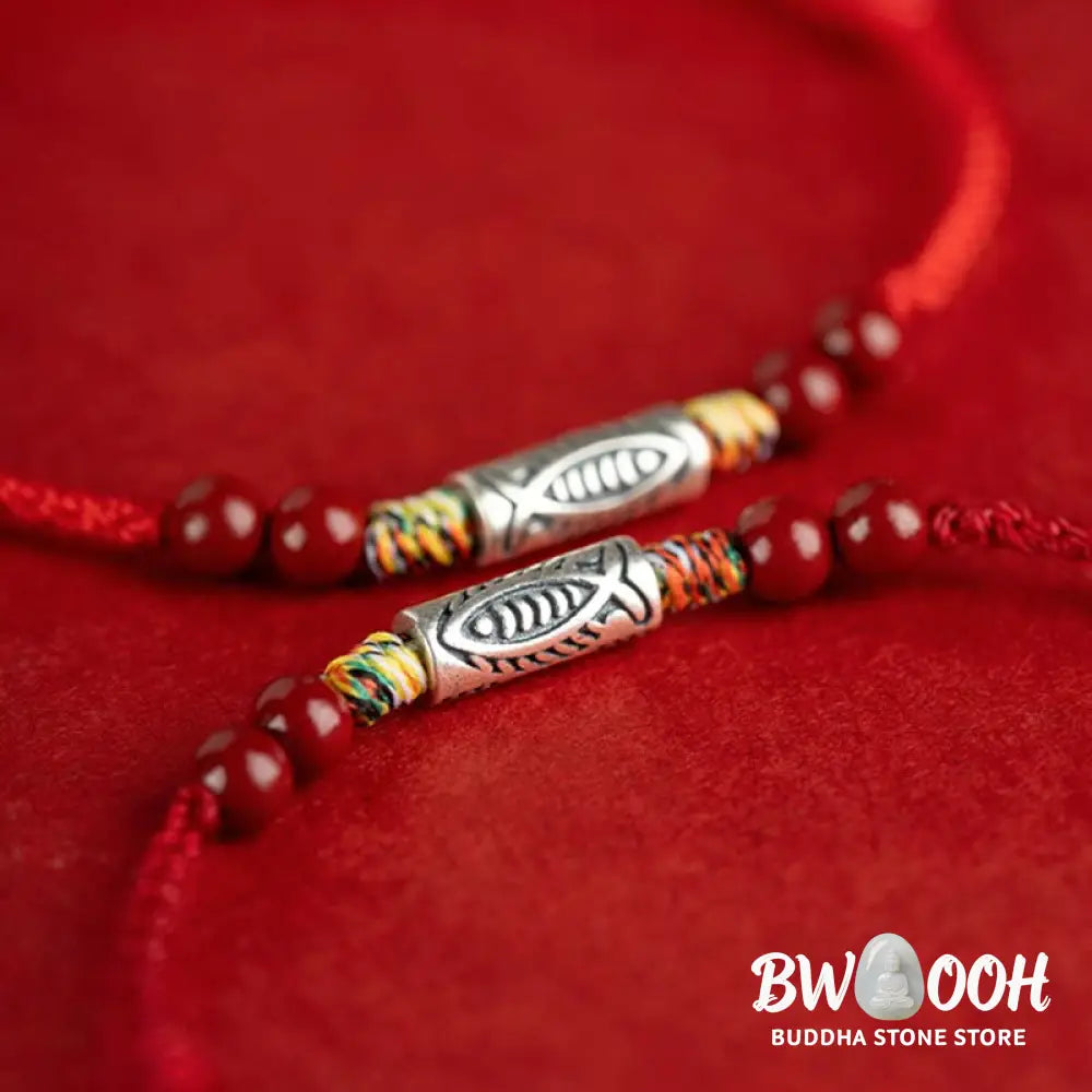 Buddha Stones 925 Sterling Silver Koi Fish Cinnabar Bead Wealth Handcrafted Braided Bracelet Anklet - Bracelet Anklet
