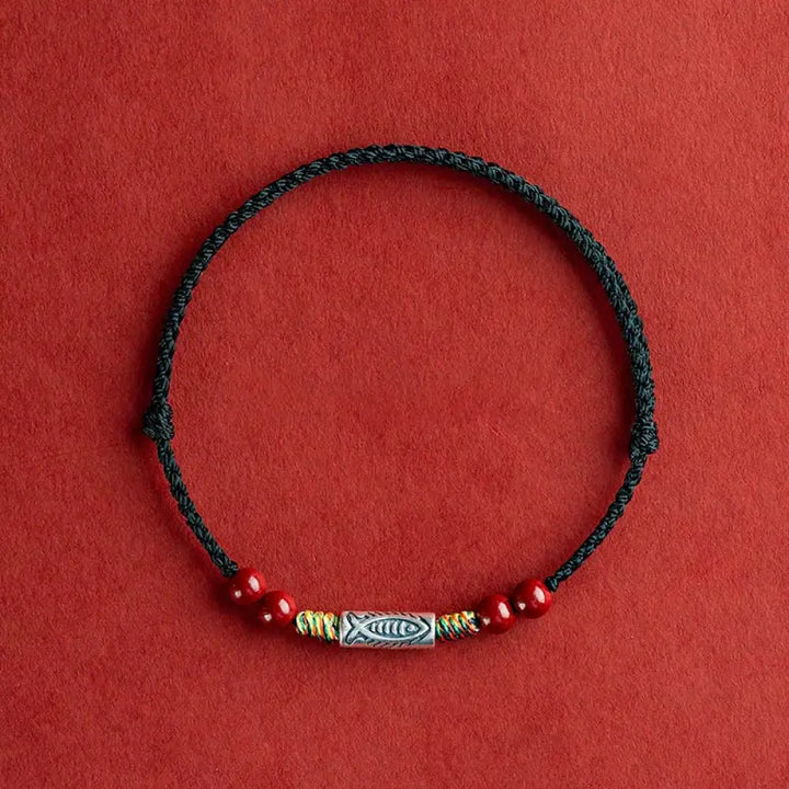 Buddha Stones 925 Sterling Silver Koi Fish Cinnabar Bead Wealth Handcrafted Braided Bracelet Anklet - Bracelet(Wrist