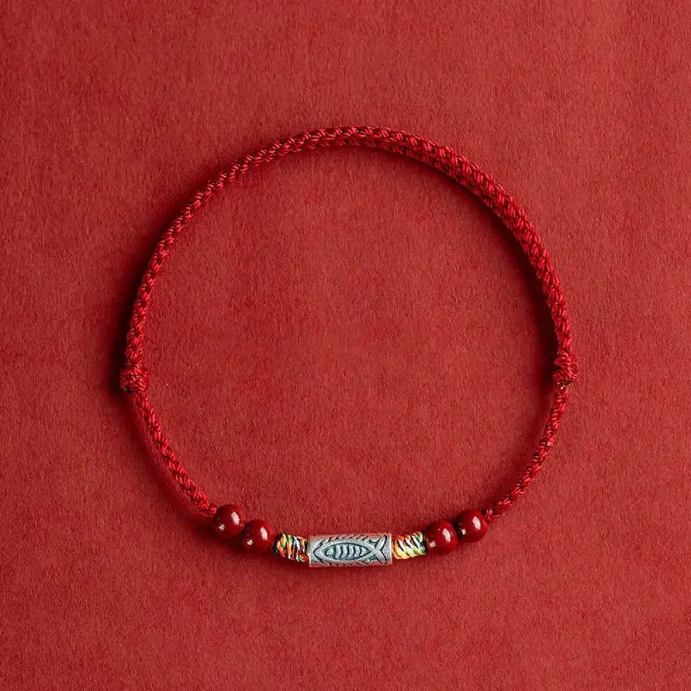 Buddha Stones 925 Sterling Silver Koi Fish Cinnabar Bead Wealth Handcrafted Braided Bracelet Anklet - Bracelet(Wrist