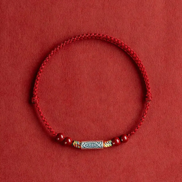 Buddha Stones 925 Sterling Silver Koi Fish Cinnabar Bead Wealth Handcrafted Braided Bracelet Anklet - Bracelet(Wrist