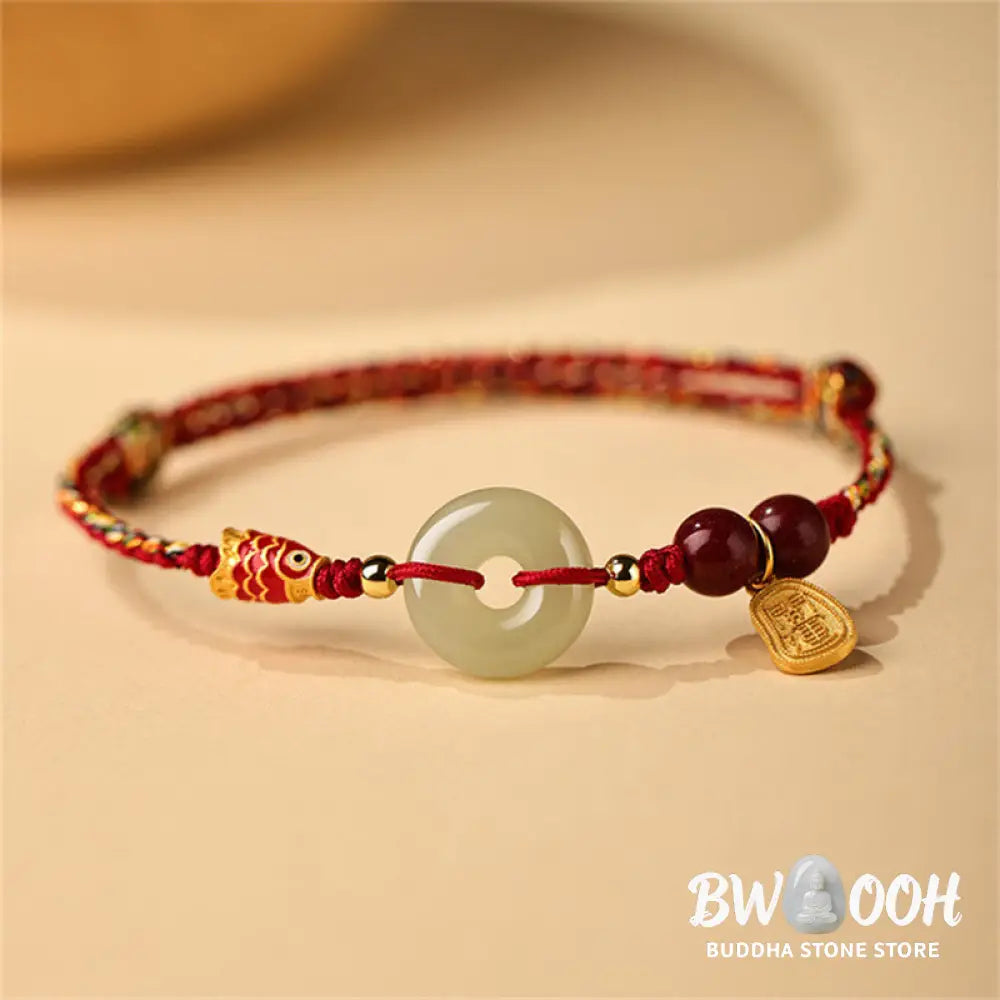 Buddha Stones 925 Sterling Silver Koi Fish Hetian Jade Peace Buckle Luck Bracelet - BWOOOH - 14-16cm - Bracelet